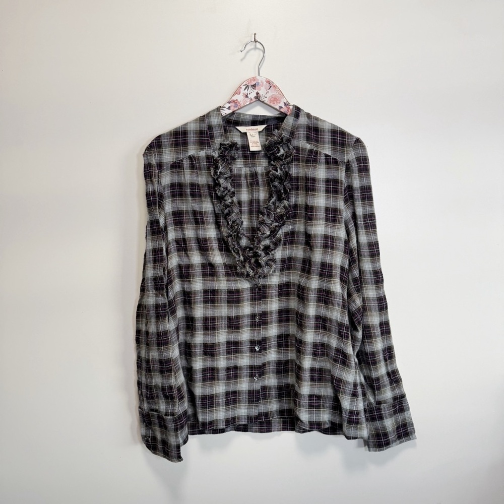 SUNDANCE Womens L Gray Purple Plaid Top Ruffle Raw Neckline Large